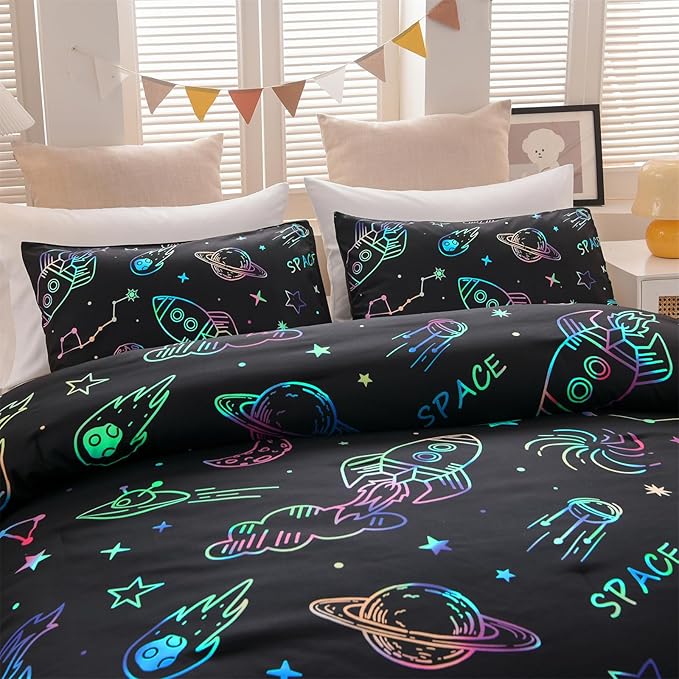 Aimuan Space Bedding Twin Bed Comforter Kids Rocket Bedding Set Super Soft & Cute Aliens UFO Printed for Boys Girls Teen (Black, Twin) - LeafyLoom