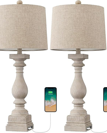 BOBOMOMO 27" Table Lamp with USB C+A Charging Ports Set of 2 Antique Nightstand Lamp for Bedroom Living Room Farmhouse Office Retro Rustic Resin Bedside Desk Lamps Washed White - LeafyLoom