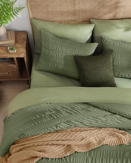 CASAAGUSTO Queen Comforter Set, 7 Pieces Olive Green Seersucker Bed in a Bag Queen Size Soft All Seasons, Bedding Sets with Comforter, Flat Sheet, Fitted Sheet, 2 Pillow Shams, 2 Pillowcases - LeafyLoom