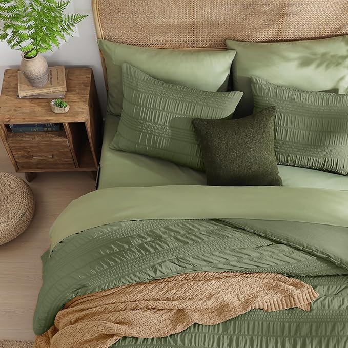 CASAAGUSTO Queen Comforter Set, 7 Pieces Olive Green Seersucker Bed in a Bag Queen Size Soft All Seasons, Bedding Sets with Comforter, Flat Sheet, Fitted Sheet, 2 Pillow Shams, 2 Pillowcases - LeafyLoom