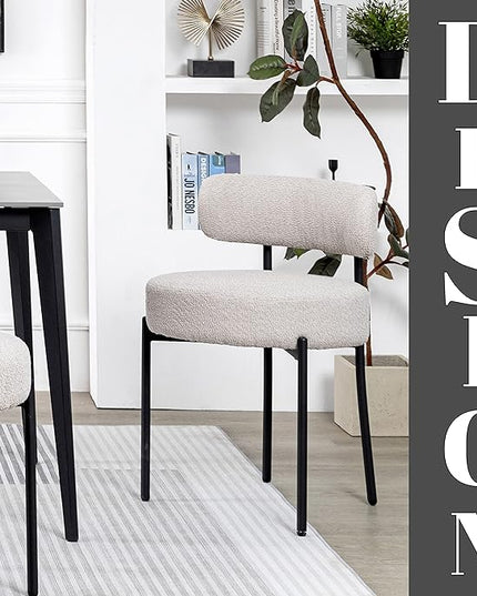 DYHOME Light Grey Dining Chairs Set of 2, Modern Dining Room Chairs Mid-Century, Round Upholstered Kitchen Chairs, Boucle Sherpa Dining Chair with Black Metal Legs - LeafyLoom