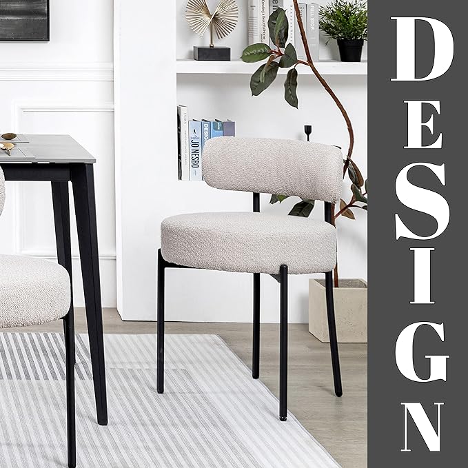 DYHOME Light Grey Dining Chairs Set of 2, Modern Dining Room Chairs Mid-Century, Round Upholstered Kitchen Chairs, Boucle Sherpa Dining Chair with Black Metal Legs - LeafyLoom