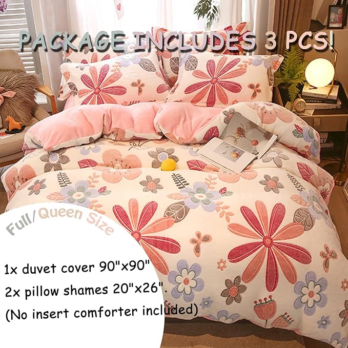 MorroMorn Pink Duvet Cover Queen, Floral Bedding Sets, Comforter Covers Set, Down Alternative Blanket Ultra Soft Kawaii Cute Blooming Flowers for Girls Kids Teen Women Full Double Size - LeafyLoom
