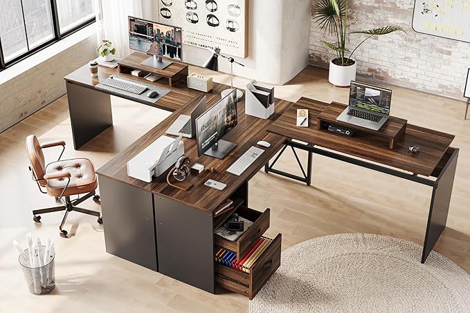 Bestier Lift Top L Shaped Desk with File Drawer, 55'' x 55'' Office Desk with Reversible Storage Drawers, L Shaped Standing Desk with Computer Monitor Stand (Walnut, 55'' x 55'') - LeafyLoom