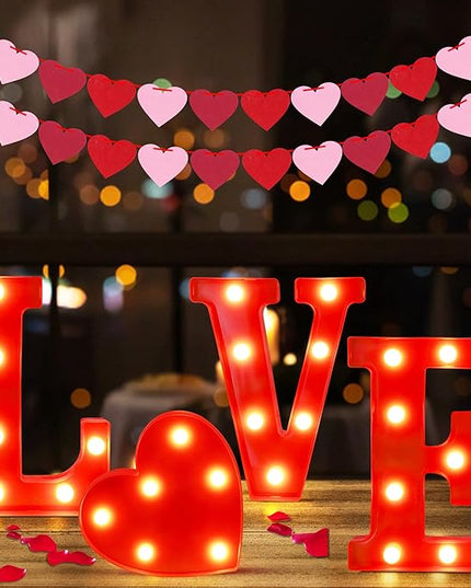 Tifeson Valentines Day Decor - 4 Led Marquee Light Up Letters “Love” Lights + 2 Packs Felt Heart Garland Banners for Home Valentines Table Mantel Wedding Party Decorations (Batteries Not Included) - LeafyLoom