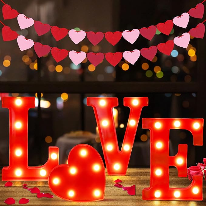 Tifeson Valentines Day Decor - 4 Led Marquee Light Up Letters “Love” Lights + 2 Packs Felt Heart Garland Banners for Home Valentines Table Mantel Wedding Party Decorations (Batteries Not Included) - LeafyLoom