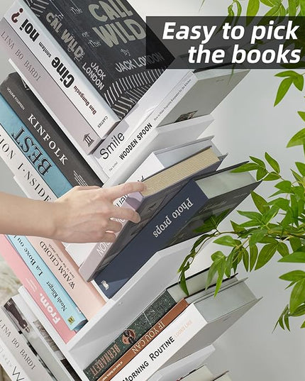10 Tier Tree Book Shelf, Floor Standing Wood Bookshelf for Narrow Space, Storage Organizer Bookshelves for Books/CDs/Magazine, Bookcase with Shelves for Home Office, Living Room - White - LeafyLoom