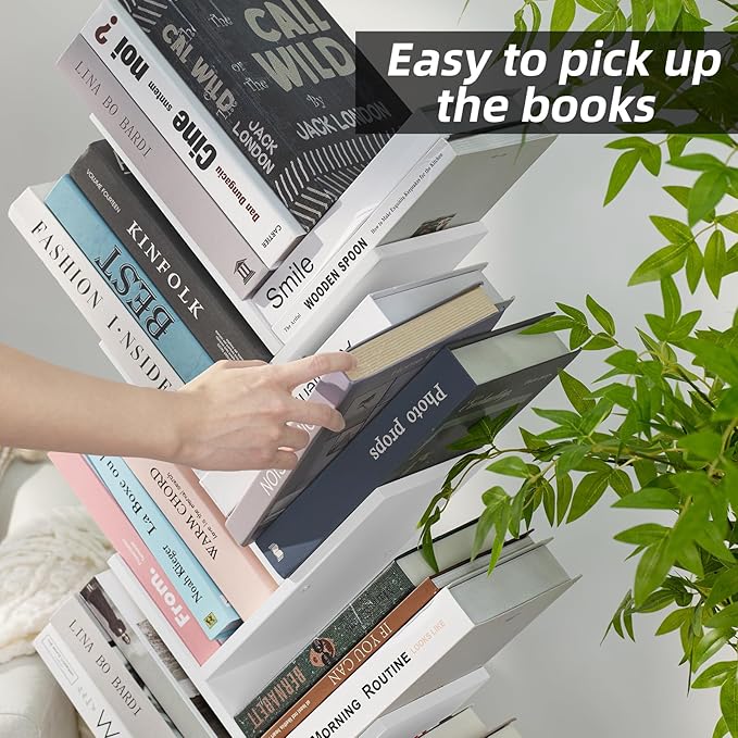 10 Tier Tree Book Shelf, Floor Standing Wood Bookshelf for Narrow Space, Storage Organizer Bookshelves for Books/CDs/Magazine, Bookcase with Shelves for Home Office, Living Room - White - LeafyLoom