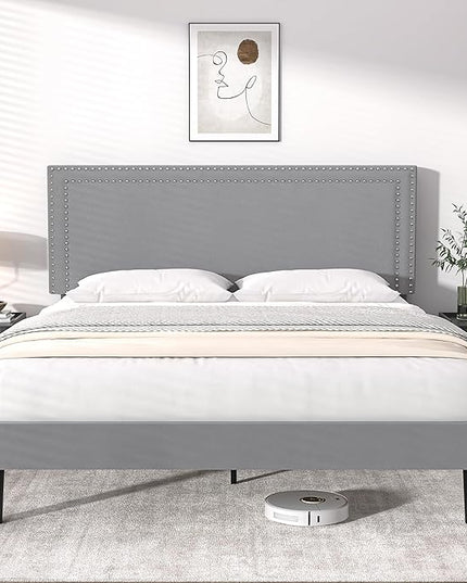 VECELO Queen Size Platform Bed Frame with Adjustable Upholstered Headboard, Modern Mattress Foundation,Strong Wood Slat Support, No Box Spring Needed, Easy Assembly - LeafyLoom