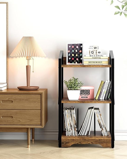 Vagusicc 3 Tier Bookshelf, Small Book Shelf Industrial Bookshelf, Wood Short Book Shelf Office Shelves with Metal Frame, Rustic Open Shelf Storage Organizer Bookcase for Living Room Bedroom, Brown - LeafyLoom