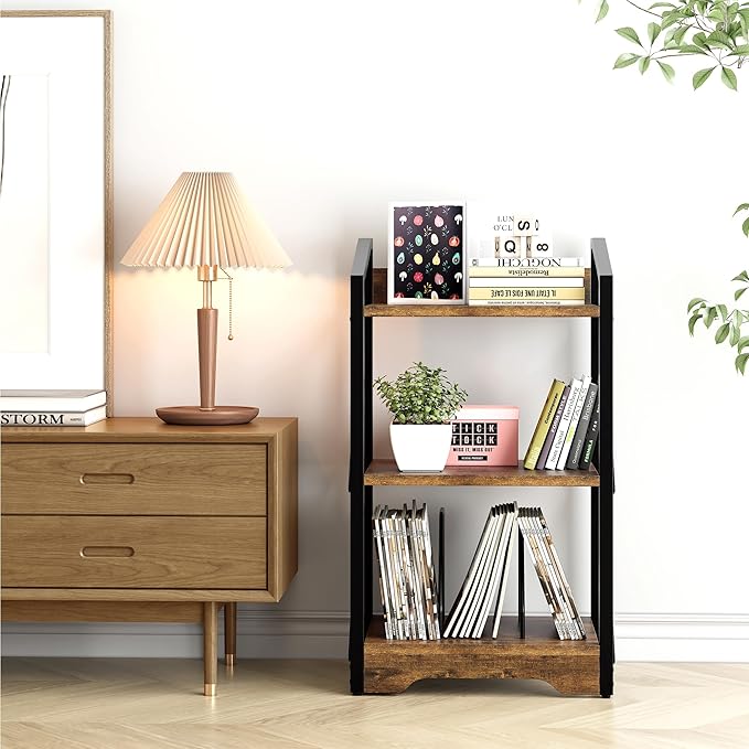 Vagusicc 3 Tier Bookshelf, Small Book Shelf Industrial Bookshelf, Wood Short Book Shelf Office Shelves with Metal Frame, Rustic Open Shelf Storage Organizer Bookcase for Living Room Bedroom, Brown - LeafyLoom
