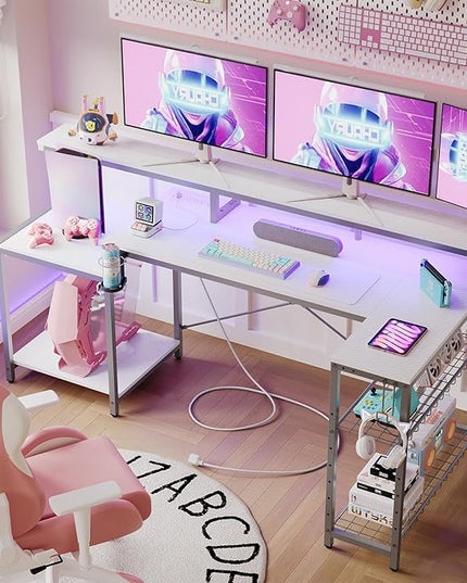 Bestier White Gaming Desk with Power Outlet, 71.5 LED Computer Desk with Monitor Stand, Large L Shaped Desk with Adjustable Shelf, Cup Holder & Headset Hooks, Corner Study Desk for Bedroom - LeafyLoom
