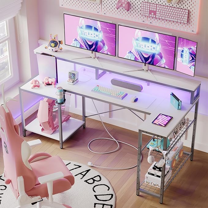 Bestier White Gaming Desk with Power Outlet, 71.5 LED Computer Desk with Monitor Stand, Large L Shaped Desk with Adjustable Shelf, Cup Holder & Headset Hooks, Corner Study Desk for Bedroom - LeafyLoom
