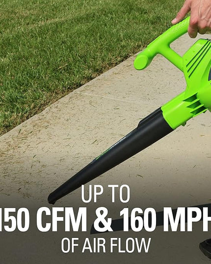 Greenworks 7 Amp 160 MPH/150 CFM Single Speed Electric Blower, 24012, green - LeafyLoom