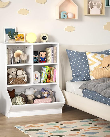Aheaplus Toy Storage Organizer with Bookcase, 5 Cubby Bookshelf Toy Storage Cabinet, Open Multi-Bins Toys&Books Storage Display Organizer for Playroom, Bedroom, Nursery, School, White - LeafyLoom