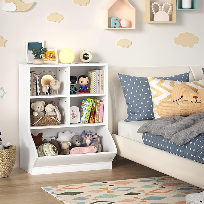 Aheaplus Toy Storage Organizer with Bookcase, 5 Cubby Bookshelf Toy Storage Cabinet, Open Multi-Bins Toys&Books Storage Display Organizer for Playroom, Bedroom, Nursery, School, White - LeafyLoom
