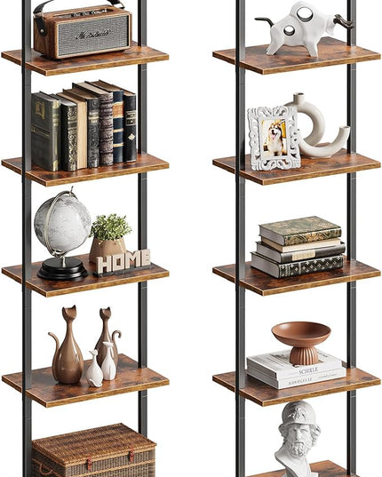SUPERJARE 5-Tier Bookshelf, Narrow Book Shelf Set of 2, Open Wall-Mounted Ladder Shelf with Metal Frame, Display Bookcase for Home Office, Bedroom, Rustic Brown - LeafyLoom