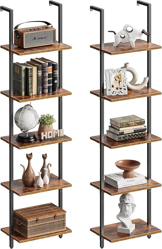 SUPERJARE 5-Tier Bookshelf, Narrow Book Shelf Set of 2, Open Wall-Mounted Ladder Shelf with Metal Frame, Display Bookcase for Home Office, Bedroom, Rustic Brown - LeafyLoom