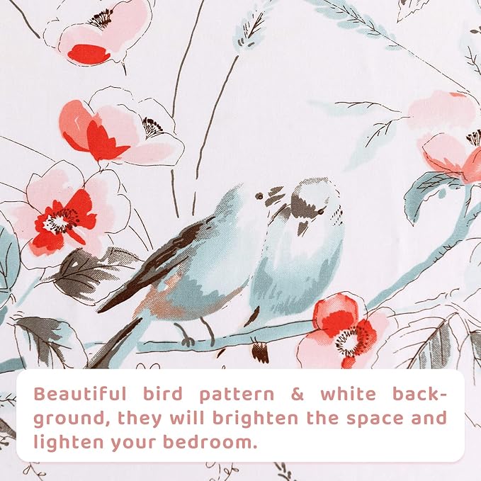QSH Floral Queen Size Sheet Sets - 100% Egyptian Cotton Sheets Elegant Botanical Flower Leaves Bird Printed Bedding Sheets Queen Size Bed Extra Soft and Breathable 4pcs Deep Pockets Bed Sheets - LeafyLoom