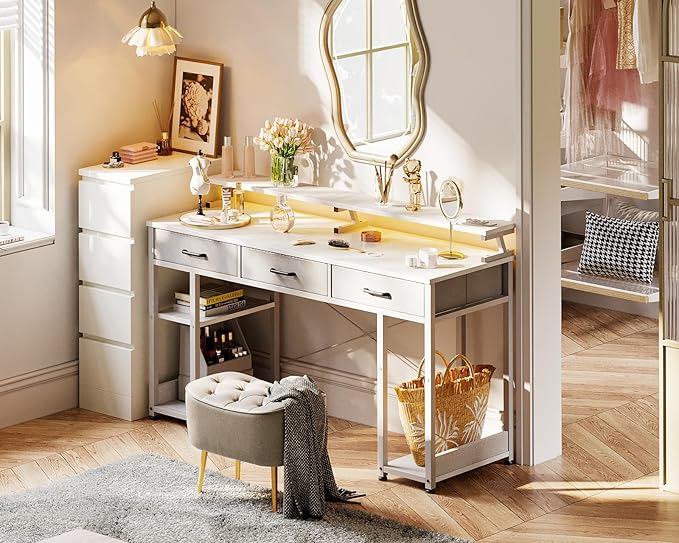 AODK 55 inch Computer Desk with 3 Drawers, Gaming Desk with LED Lights & Power Outlets, Home Office Desk with Storage Shelves & Monitor Stand, Modern Work Study Writing Table for Small Spaces, White - LeafyLoom