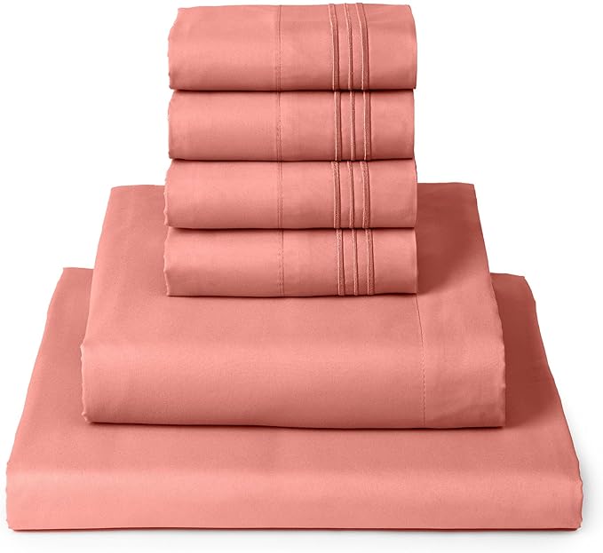 Mellanni Queen Sheets Set - 6 PC Iconic Collection Bedding Sheets & Pillowcases - Hotel Luxury, Ultra Soft, Cooling Bed Sheets - Deep Pocket up to 16 inch - 6 PC (Queen, Coral w/Extra Pillow Cases) - LeafyLoom