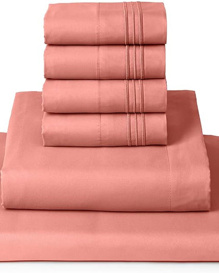 Mellanni King Sheets Set - 6 PC Iconic Collection Bedding Sheets & Pillowcases - Hotel Luxury, Ultra Soft, Cooling Bed Sheets - Deep Pocket up to 16 inch - 6 PC (King, Coral w/Extra Pillow Cases) - LeafyLoom