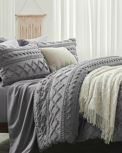 Anluoer King Comforter Set 7 Pieces, Grey Tufted Bed in a Bag with comforters and sheets, All Season Bedding Sets with 1 Comforter, 2 PillowShams, 2 Pillowcases, 1 Flat Sheet, 1 Fitted Sheet - LeafyLoom