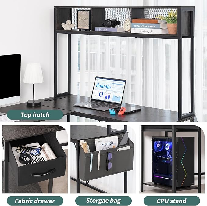 Yoobure L Shaped Desk Gaming Desk with LED Strip & Power Outlet, Reversible L-Shaped Computer Desk with Storage Shelf & Drawer, Corner Desk with Storage Bag, 2 Person Home Office Desk, Gray - LeafyLoom