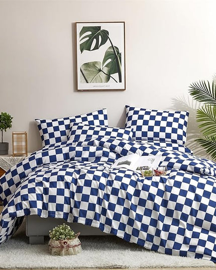 Royal Blue White Grid Comforter Set Cal King Royal Blue Plaid Bedding Set Women Royal Blue and White Checkered Bed Comforter Set Breathable Blanket Set Men Durable Bedding Comforter Set - LeafyLoom