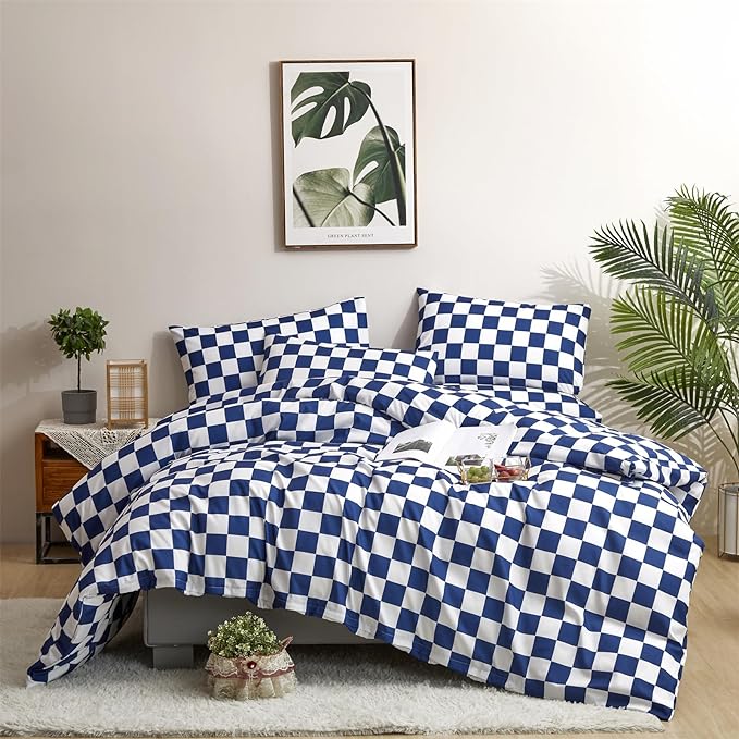 Royal Blue White Grid Comforter Set Cal King Royal Blue Plaid Bedding Set Women Royal Blue and White Checkered Bed Comforter Set Breathable Blanket Set Men Durable Bedding Comforter Set - LeafyLoom