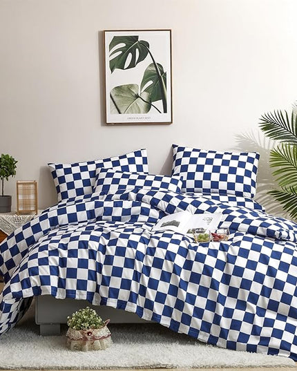 Royal Blue White Grid Comforter Set King Royal Blue Plaid Bedding Set Women Royal Blue and White Checkered Bed Comforter Set Breathable Blanket Set Men Durable Bedding Comforter Set - LeafyLoom