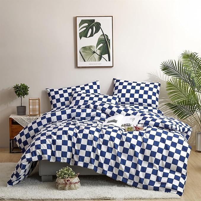 Royal Blue White Grid Comforter Set King Royal Blue Plaid Bedding Set Women Royal Blue and White Checkered Bed Comforter Set Breathable Blanket Set Men Durable Bedding Comforter Set - LeafyLoom