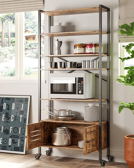 IRONCK Bookshelf and Bookcase with Adjustable 5 Shelves, 70" H x 31.5" W Wide Bookshelves with Door and Wheels, Vintage Brown - LeafyLoom