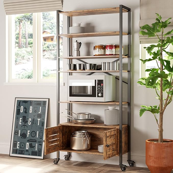 IRONCK Bookshelf and Bookcase with Adjustable 5 Shelves, 70" H x 31.5" W Wide Bookshelves with Door and Wheels, Vintage Brown - LeafyLoom