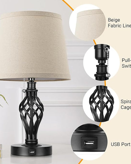 PARTPHONER Table Lamps Set of 2, Farmhouse Bedside Lamps with USB Ports, Nightstand Lamp Cream Drum Shade Spiral Cage Base Desk Lamps for Living Room Bedroom Study Room without Bulb - LeafyLoom