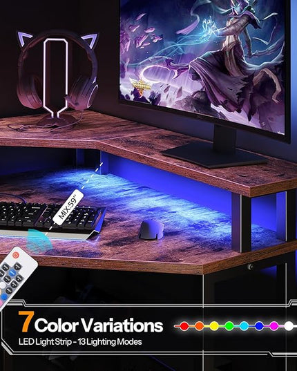 HOOBRO Corner Desk, Gaming Table with Charging Station and LED Strip, 90° Corner Computer Table, Mobile PC Holder, Adjustable Mesh Shelf, for Small Space/Home Office, Rustic Brown and Black BB70UDDN01 - LeafyLoom