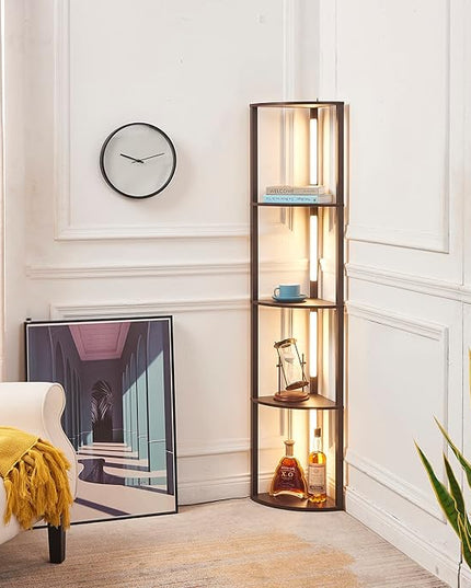 FENLO Fancy - LED Display Shelf with Dimmable Lights, LED Shelf Floor Lamps for Living Room, Sturdy Corner Shelf Curio Cabinet Display, Tall Floor Lamps with Shelves - LeafyLoom
