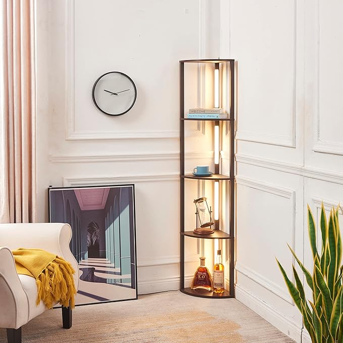 FENLO Fancy - LED Display Shelf with Dimmable Lights, LED Shelf Floor Lamps for Living Room, Sturdy Corner Shelf Curio Cabinet Display, Tall Floor Lamps with Shelves - LeafyLoom