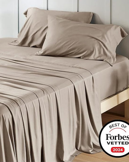 Bedsure California King Sheet Sets, Cooling Sheets, Rayon Derived from Bamboo, Deep Pocket Up to 16", Breathable & Soft Bed Sheets, Hotel Luxury Silky Bedding Sheets & Pillowcases, Simply Taupe - LeafyLoom