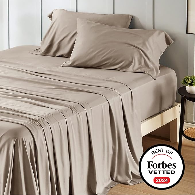 Bedsure California King Sheet Sets, Cooling Sheets, Rayon Derived from Bamboo, Deep Pocket Up to 16", Breathable & Soft Bed Sheets, Hotel Luxury Silky Bedding Sheets & Pillowcases, Simply Taupe - LeafyLoom