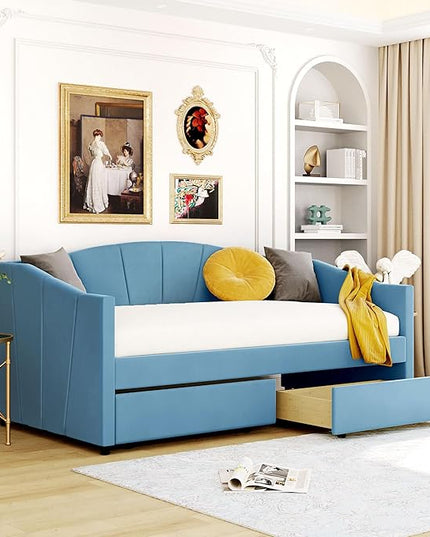 Twin Size Upholstered Daybed with Two Drawers, Wood Slat Support Sofa Bed with Armrest, No Box Spring Needed, Easy to Assemble, for Studio, Bedroom, Living, Guest Room, Blue - LeafyLoom