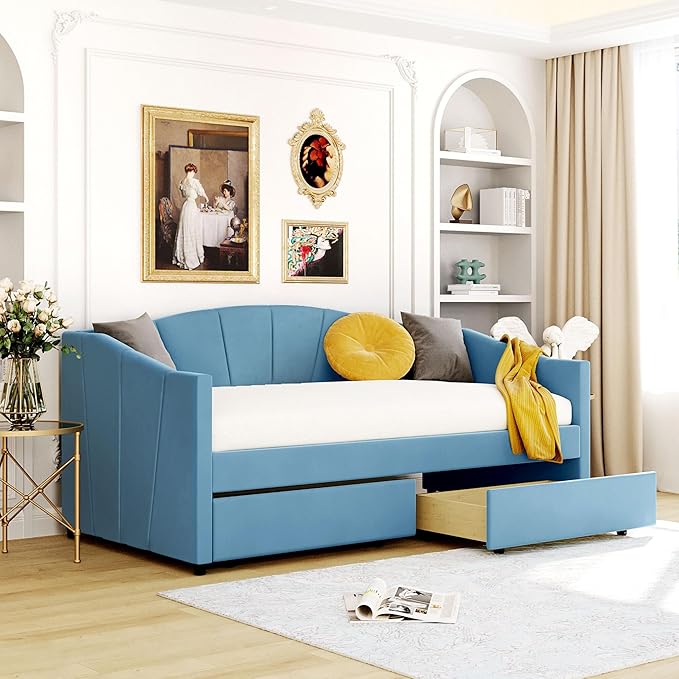 Twin Size Upholstered Daybed with Two Drawers, Wood Slat Support Sofa Bed with Armrest, No Box Spring Needed, Easy to Assemble, for Studio, Bedroom, Living, Guest Room, Blue - LeafyLoom