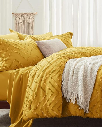 Anluoer Twin Comforter Set, Mustard Yellow Tufted Bed in a Bag 5 Pieces with comforters and sheets, All Season Bedding Sets with 1 Comforter, 1 PillowShams, 1 Pillowcases, 1 Flat Sheet, 1 Fitted Sheet - LeafyLoom
