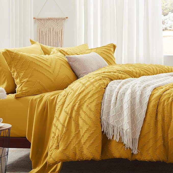 Anluoer Twin Comforter Set, Mustard Yellow Tufted Bed in a Bag 5 Pieces with comforters and sheets, All Season Bedding Sets with 1 Comforter, 1 PillowShams, 1 Pillowcases, 1 Flat Sheet, 1 Fitted Sheet - LeafyLoom
