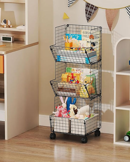 3 Tier Metal Wire Baskets - Toy Organizer Basket Shelf with Wheel, S-Hooks, Rolling Cart Hanging Storage Baskets for Child Room, Playroom, Bedroom, Kitchen (Black) - LeafyLoom