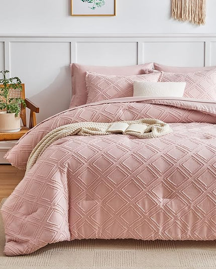 7 Pieces Tufted Bed in a Bag Queen Comforter Set with Sheets Blush, Soft and Embroidery Shabby Chic Boho Bohemian, Luxury Solid Color with Diamond Pattern, Jacquard Tufts Bedding Set for All Season - LeafyLoom
