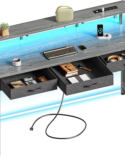 55 inch Computer Desk with 3 Drawers, Office Desk Gaming Desk with LED Lights & Power Outlets, Home Office Desks with Storage Space for Bedroom, Work from Home, Gray - LeafyLoom