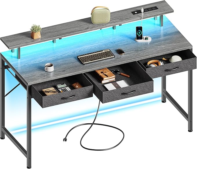 55 inch Computer Desk with 3 Drawers, Office Desk Gaming Desk with LED Lights & Power Outlets, Home Office Desks with Storage Space for Bedroom, Work from Home, Gray - LeafyLoom