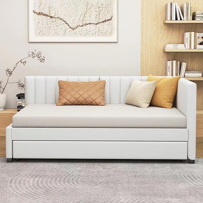 Merax Linen Fabric Upholstered Daybed with Trundle Bed, Twin Size Wodden Sofa Bed for Living Room, Guest Room, Children's Room, Beige - LeafyLoom