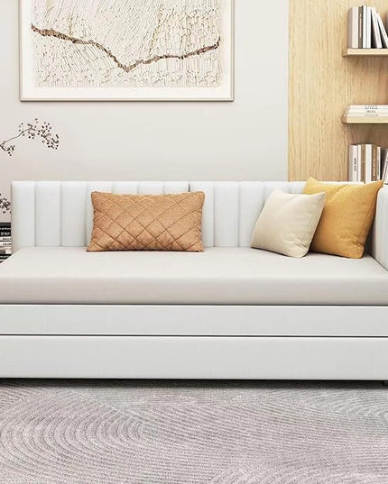 Twin Size Upholstered Linen Daybed with 2 Trundle,Semi-Closed Design,Solid Wood Bed Frame,W/Backrest and Slat Support,No Box Spring Needed,for Apartment Bedroom,Beige - LeafyLoom